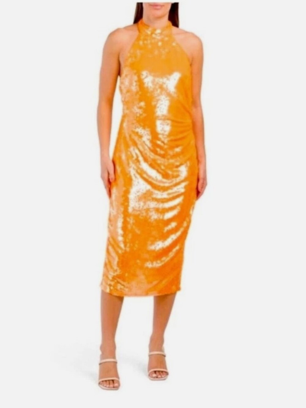 Carolina Constas Sequined Halter Midi Dress in Orange Size Large